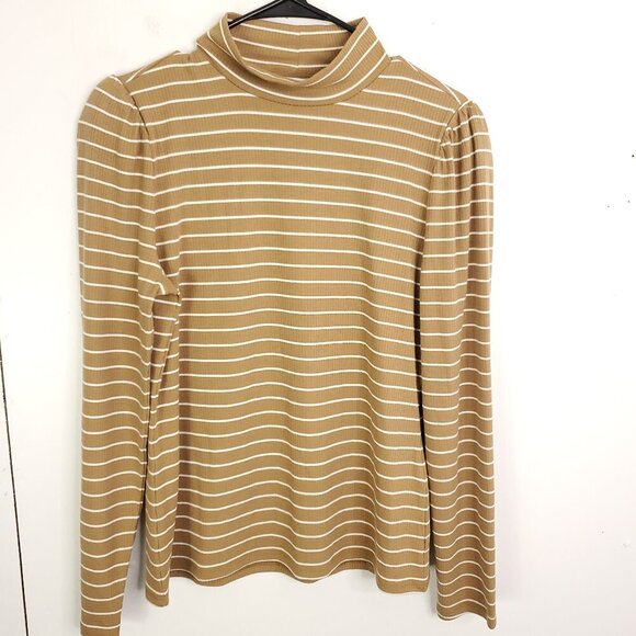 WHBM Sweater Womens M Ribbed Striped Mock Neck Puff Shoulder Long Sleeve Tan - Picture 1 of 9